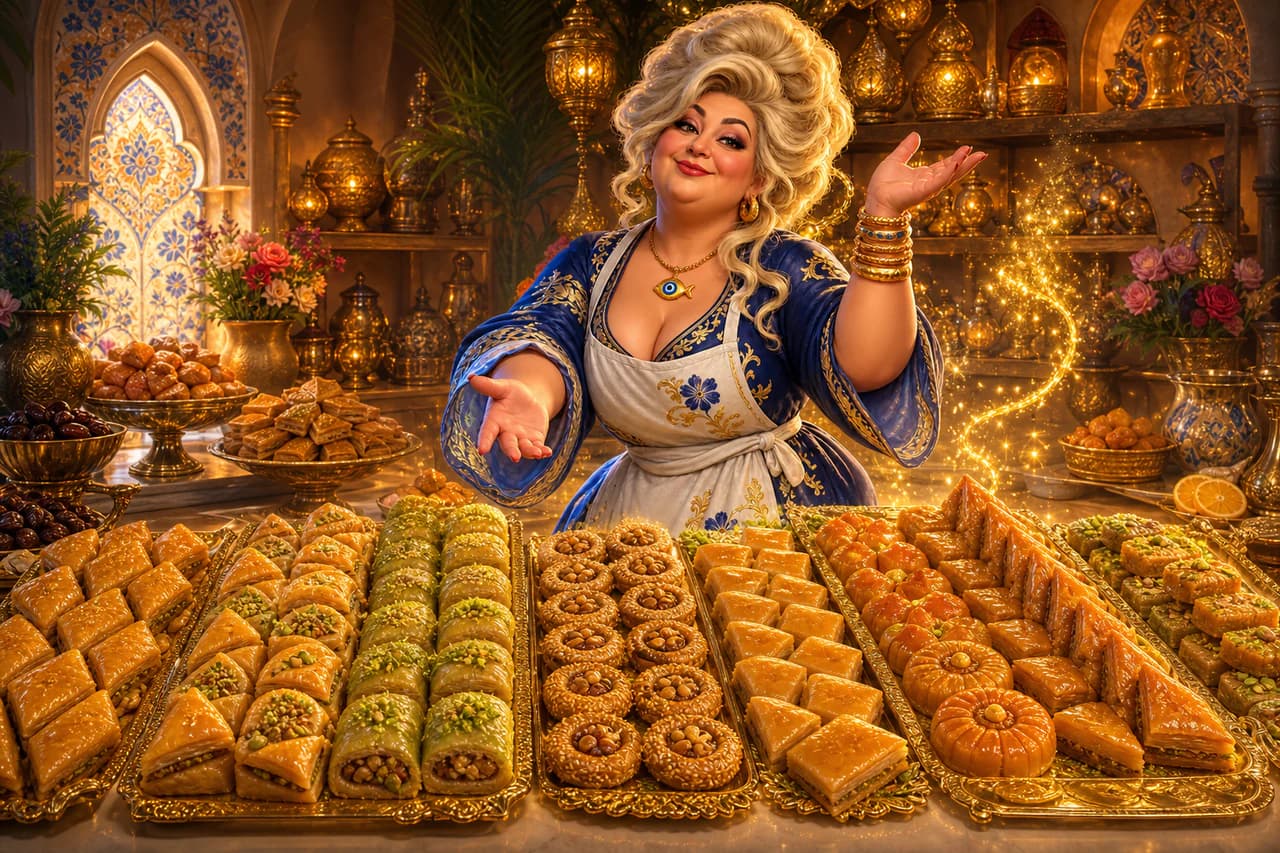 Tata Sultana devant une profusion de pâtisseries tunisiennes