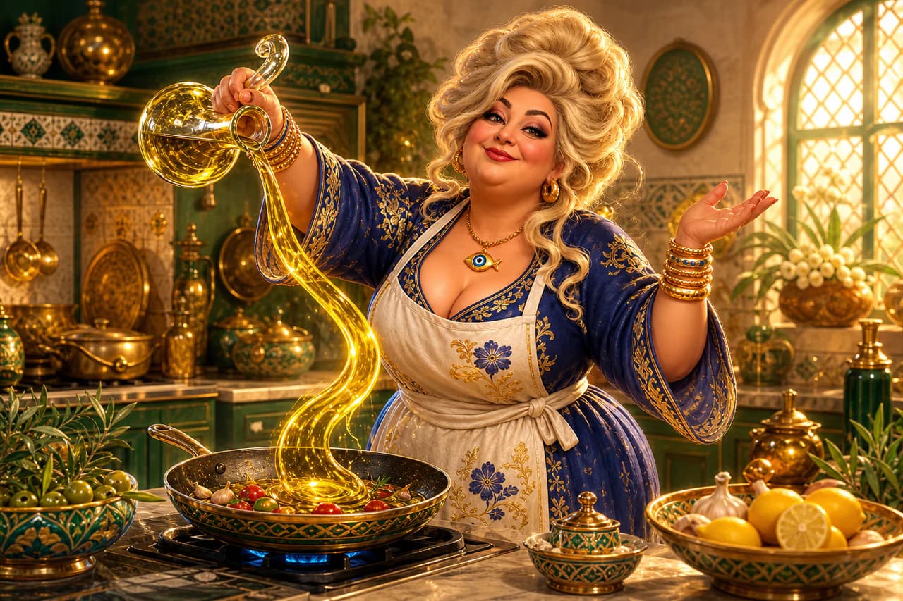 Tata Sultana versant un généreux filet d’huile d’olive