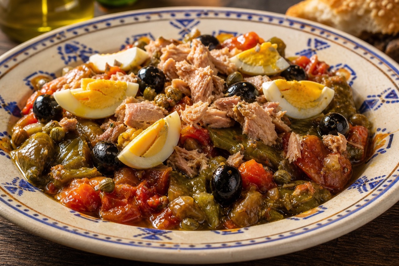 Slata mechouia aux poivrons grillés, thon, œufs, olives et câpres